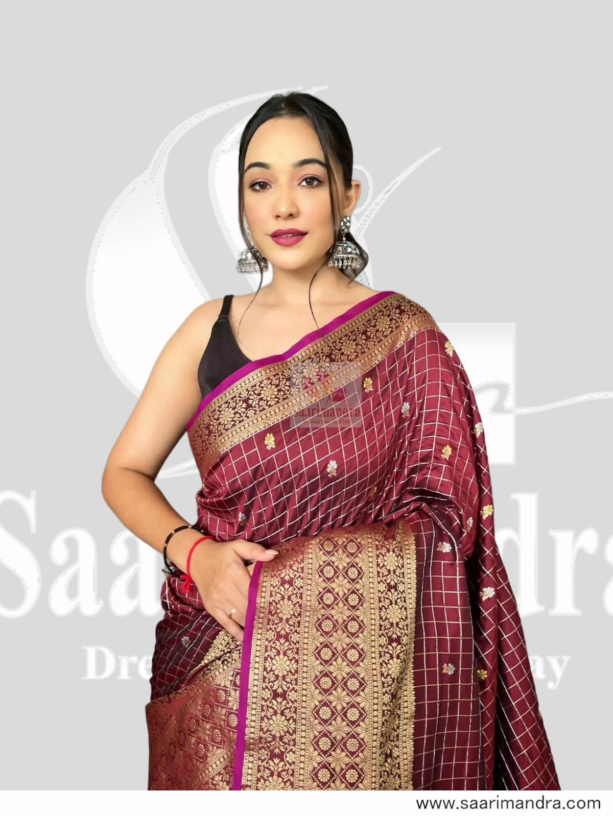 Handloom Indian Premium Banarasi-Style Maroon Saree with Gold Zari